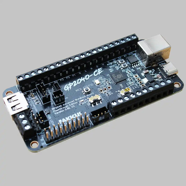 A black GP2040-CE advanced breakout board with various ports and connectors.